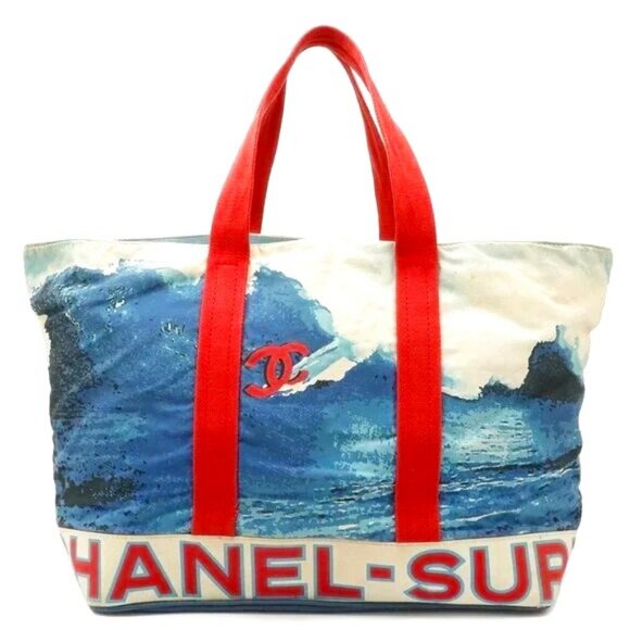 RARE Authentic CHANEL Surf Line Tote Bag High Summer Large Canvas Shoulder Bag - Picture 1 of 11